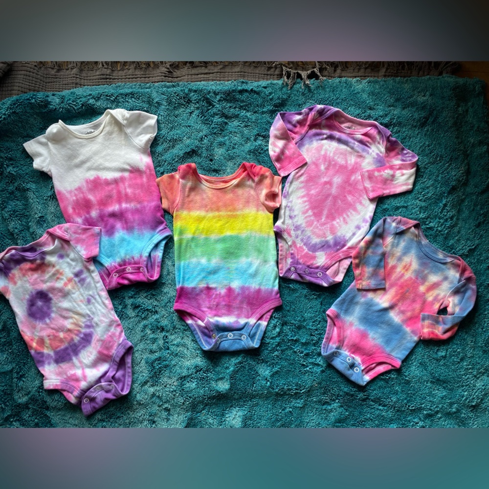 5 handmade colorful Tie-Dye Baby Onesies